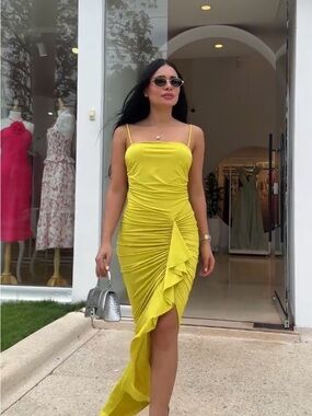 Ruched Yellow High-Low Ruffle Slip Dress - Women's
